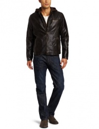 Levi's Men's Faux Leather Racer Jacket with Hood and Sherpa Levi's Men's Faux Leather Racer Jacket with Hood and Sherpa