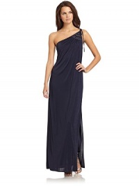 THE LOOKAsymmetric necklineBeaded appliquéOne-shoulder style with tie closureTHE FITAbout 58 from top to hemTHE MATERIAL48% polyester/48% cotton/4% spandexFully linedCARE & ORIGINDry cleanImportedModel shown is 5'10 (177cm) wearing US size Small. THE LOOKAsymmetric necklineBeaded appliquéOne-shoulder style with tie closureTHE FITAbout 58 from top to hemTHE MATERIAL48% polyester/48% cotton/4% spandexFully linedCARE & ORIGINDry cleanImportedModel shown is 5'10 (177cm) wearing US size Small.