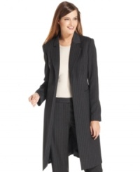 Calvin Klein updates pinstripes with a modern, sleek look: an elongated, open-front jacket gives this menswear-inspired fabric a fresh twist. Calvin Klein updates pinstripes with a modern, sleek look: an elongated, open-front jacket gives this menswear-inspired fabric a fresh twist.