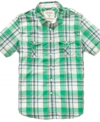 Check out bright new styles with this plaid woven shirt from Guess just in time for spring. Check out bright new styles with this plaid woven shirt from Guess just in time for spring.