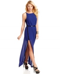 Dark accents frame bold-colored chiffon, while webbed straps create a striking back design on an illusion-style maxi dress that electrifies! From GUESS. Dark accents frame bold-colored chiffon, while webbed straps create a striking back design on an illusion-style maxi dress that electrifies! From GUESS.