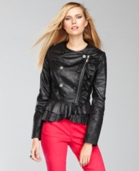Moto-inspired zippers up the ante on a pretty petite peplum jacket from INC. Coated fabric and collarless styling give this topper added edge. Moto-inspired zippers up the ante on a pretty petite peplum jacket from INC. Coated fabric and collarless styling give this topper added edge.