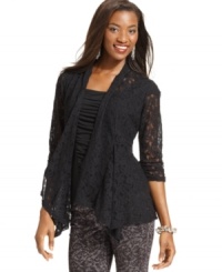 Layer on this fab lace Style&co. cardigan for a sleek silhouette! Its cascade collar and asymmetrical hem add depth to your look. Layer on this fab lace Style&co. cardigan for a sleek silhouette! Its cascade collar and asymmetrical hem add depth to your look.