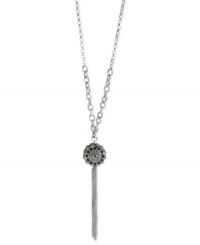 Have yourself a ball. This necklace from Lucky Brand is crafted from silver-tone mixed metal with a glass pave ball pendant trailing a stylish tassel. Approximate length: 30 inches + 2-inch extender. Have yourself a ball. This necklace from Lucky Brand is crafted from silver-tone mixed metal with a glass pave ball pendant trailing a stylish tassel. Approximate length: 30 inches + 2-inch extender.