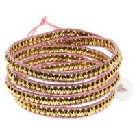 36 Cross Cut Golden Beads On Pink Leather Wrap Bracelet With White Button 36 Cross Cut Golden Beads On Pink Leather Wrap Bracelet With White Button