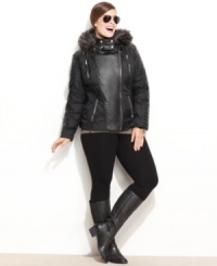 MICHAEL Michael Kors offers the ultimate in cold-weather chic: a plus size motorcycle jacket gets a luxe makeover with chic faux leather and a faux-fur-trimmed hood! MICHAEL Michael Kors offers the ultimate in cold-weather chic: a plus size motorcycle jacket gets a luxe makeover with chic faux leather and a faux-fur-trimmed hood!