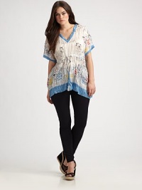 A serene print and a relaxed-yet-flattering fit combine for the perfect tunic. The drawstring waist helps to create the idyllic hourglass shape.V-necklineShort sleevesDrawstring waistAllover printSolid trimAbout 32 from shoulder to hemSilkHand washImported A serene print and a relaxed-yet-flattering fit combine for the perfect tunic. The drawstring waist helps to create the idyllic hourglass shape.V-necklineShort sleevesDrawstring waistAllover printSolid trimAbout 32 from shoulder to hemSilkHand washImported