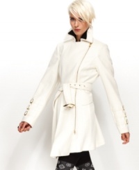 A sleek asymmetrical cut and cool metal hardware give Bebe's wool-blend trench coat an edgy look.