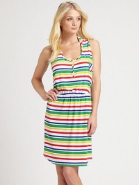 Vibrantly colored stripes add a playful touch to this comfy-chic coverup.Round neckSleevelessSnap frontElasticized waistRacerbackPull-on style92% polyester/8% spandexDry cleanImported Vibrantly colored stripes add a playful touch to this comfy-chic coverup.Round neckSleevelessSnap frontElasticized waistRacerbackPull-on style92% polyester/8% spandexDry cleanImported