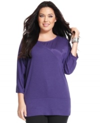 A satin inset lends a chic feel to DKNY Jeans' three-quarter-sleeve plus size top. A satin inset lends a chic feel to DKNY Jeans' three-quarter-sleeve plus size top.