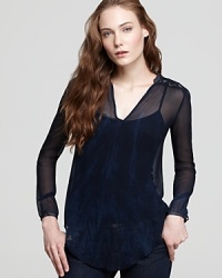 Subtle touches of lace trim add extra feminine flair to this lovely printed henley. Subtle touches of lace trim add extra feminine flair to this lovely printed henley.