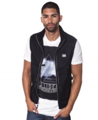 Get invested in edgy style with this sleeveless zip front vest from Marc Ecko Cut & Sew. Get invested in edgy style with this sleeveless zip front vest from Marc Ecko Cut & Sew.