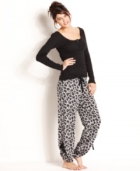 Lacy solids and animal prints, what could be better? Material Girl's black henley top and heather animal pajama pants.