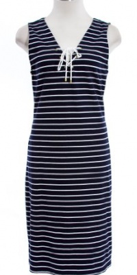 Lauren by Ralph Lauren Marine Blue/White Molly Striped Cotton Lace Up Dress Lauren by Ralph Lauren Marine Blue/White Molly Striped Cotton Lace Up Dress