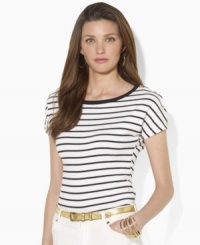 Maritime stripes are all aboard this soft slub jersey tee, rendered with breezy dolman sleeves and metal crest-embossed buttons for a decidedly nautical feel, from Lauren by Ralph Lauren. Maritime stripes are all aboard this soft slub jersey tee, rendered with breezy dolman sleeves and metal crest-embossed buttons for a decidedly nautical feel, from Lauren by Ralph Lauren.