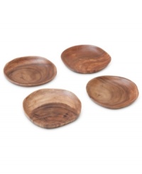 A real natural, this set of Acacia Wood appetizer plates celebrates the earth's bounty with a rich grain and russet-brown hue. By Marcela for Prima Design. A real natural, this set of Acacia Wood appetizer plates celebrates the earth's bounty with a rich grain and russet-brown hue. By Marcela for Prima Design.