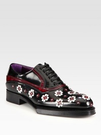 A flower appliqué adorns this lace-up silhouette of burnished leather in contrasting tones. Stacked heel, 1 (25mm)Leather upperLeather liningRubber solePadded insoleMade in Italy A flower appliqué adorns this lace-up silhouette of burnished leather in contrasting tones. Stacked heel, 1 (25mm)Leather upperLeather liningRubber solePadded insoleMade in Italy