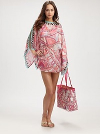 An airy design with beautiful kimono sleeves, contrast trim, a relaxed fit and a flattering drawstring waistline. BoatneckSlit detail on kimono sleevesDrawstring self-tie waistlinePull-on styleSilkDry cleanMade in Italy An airy design with beautiful kimono sleeves, contrast trim, a relaxed fit and a flattering drawstring waistline. BoatneckSlit detail on kimono sleevesDrawstring self-tie waistlinePull-on styleSilkDry cleanMade in Italy
