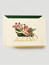 The faithful leaves of the evergreen Christmas tree are rendered perfectly in this hand engraved cream colored card. Decorated with traditional baubles and wrapped in gold, it sends a cheery message to every recipient.Set of 10 cards5.5 X 7.38Made in USA The faithful leaves of the evergreen Christmas tree are rendered perfectly in this hand engraved cream colored card. Decorated with traditional baubles and wrapped in gold, it sends a cheery message to every recipient.Set of 10 cards5.5 X 7.38Made in USA