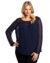 DKNYC Women's Plus-Size Long Sleeve Colorblock Shirt