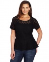 DKNYC Women's Plus-Size Short Sleeve Lace Peplum Top With Lightweight Jersey Back