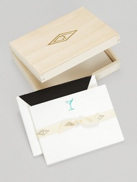 Packed in a gold-stamped wood box, these elegant cards have a charming martini glass motif, letterpressed by hand on creamy cotton stock, a delightful way to invite guests to cocktails or any celebration.Original Charles Fradin illustrationLetterpressed by hand100% cotton stock6.5L X 4.75WCoordinating envelopes with sophisticated black liningSet of 18, with envelopesGold-stamped wood storage boxMade in USA Packed in a gold-stamped wood box, these elegant cards have a charming martini glass motif, letterpressed by hand on creamy cotton stock, a delightful way to invite guests to cocktails or any celebration.Original Charles Fradin illustrationLetterpressed by hand100% cotton stock6.5L X 4.75WCoordinating envelopes with sophisticated black liningSet of 18, with envelopesGold-stamped wood storage boxMade in USA