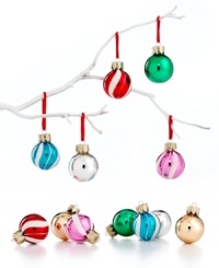 Swirling with snow-white glitter, these Martha Stewart Collection mini ornaments mix classic Christmas red and green with cheery candy colors. Swirling with snow-white glitter, these Martha Stewart Collection mini ornaments mix classic Christmas red and green with cheery candy colors.