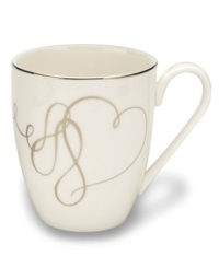 Sweet yet sophisticated, a loopy heart design sweeps across this white porcelain mug from Mikasa. Complete with a sparkling platinum rim, this flirty ribbon pattern captivates everyone at your dinner table. Sweet yet sophisticated, a loopy heart design sweeps across this white porcelain mug from Mikasa. Complete with a sparkling platinum rim, this flirty ribbon pattern captivates everyone at your dinner table.
