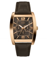 A casual timepiece from GUESS with rich leather and rosy hues that can upgrade your finest suit. A casual timepiece from GUESS with rich leather and rosy hues that can upgrade your finest suit.