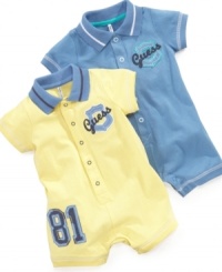 Short on prep time. Getting him ready for the day will be a cinch with this stylish romper from Guess. Short on prep time. Getting him ready for the day will be a cinch with this stylish romper from Guess.