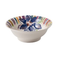 Adorned with a plush blue flower framed by a rim of multihued classic floral patterns, the Eden cereal bowl brings a fresh, fun energy to the table. Adorned with a plush blue flower framed by a rim of multihued classic floral patterns, the Eden cereal bowl brings a fresh, fun energy to the table.