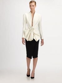 Sleek and sculptural, this artfully tailored design is accented with a sculptural bow drape.Slight stand collarOpen frontConcealed hook-and-eye closureFront bow drapeAbout 28 from shoulder to hem85% nylon/15% elastaneDry cleanImported of Italian fabricModel shown is 5'11 (180cm) wearing US size 4.OUR FIT MODEL RECOMMENDS ordering true size. Sleek and sculptural, this artfully tailored design is accented with a sculptural bow drape.Slight stand collarOpen frontConcealed hook-and-eye closureFront bow drapeAbout 28 from shoulder to hem85% nylon/15% elastaneDry cleanImported of Italian fabricModel shown is 5'11 (180cm) wearing US size 4.OUR FIT MODEL RECOMMENDS ordering true size.