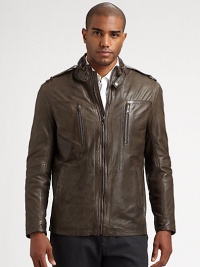 A structured, moto-style jacket is designed with an array of zippered chest and slashed waist pockets, and impeccably tailored from genuine lambskin leather.Zip-frontStand collarShoulder epaulettesZippered chest, waist slash pocketsAbout 29 from shoulder to hemLambskinDry cleanImported A structured, moto-style jacket is designed with an array of zippered chest and slashed waist pockets, and impeccably tailored from genuine lambskin leather.Zip-frontStand collarShoulder epaulettesZippered chest, waist slash pocketsAbout 29 from shoulder to hemLambskinDry cleanImported
