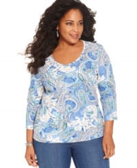 Prettify your casual style with Karen Scott's three-quarter-sleeve plus size top, finished by a paisley print. Prettify your casual style with Karen Scott's three-quarter-sleeve plus size top, finished by a paisley print.