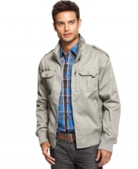 This jacket from Marc Ecko Cut & Sew is your go-to when you need a lightweight layer to complement your casual cool. This jacket from Marc Ecko Cut & Sew is your go-to when you need a lightweight layer to complement your casual cool.