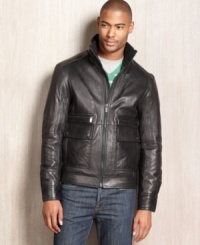 Cool will come easy in this sleek leather jacket from Michael Kors. Cool will come easy in this sleek leather jacket from Michael Kors.