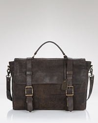 Crafted in distressed leather and vintage-inspired strap and buckle details, the Logan brief case brings that devil-may-care edge to your professional ensemble. Crafted in distressed leather and vintage-inspired strap and buckle details, the Logan brief case brings that devil-may-care edge to your professional ensemble.