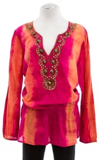 Michael Kors Lacquer Pink Cotton Embellished Tie Dye Tunic Top X-Large Michael Kors Lacquer Pink Cotton Embellished Tie Dye Tunic Top X-Large