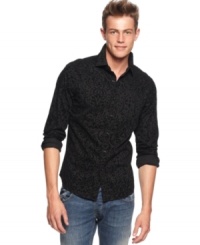 Dress sharp and look sharp in this classic styled damask pattern long sleeve shirt by Vintage Red. Dress sharp and look sharp in this classic styled damask pattern long sleeve shirt by Vintage Red.