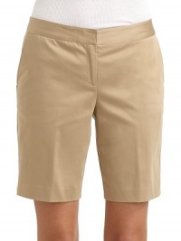 THE LOOKFlat-front styleMid-width waistband with double hook-and-eye closureFront zipperDual front side pocketsDual back besom pocketsTHE FITRise, about 9Inseam, about 8THE MATERIAL97% cotton/3% Lycra spandexCARE & ORIGINMachine washImportedModel shown is 5'11 (180cm) wearing US size 4. THE LOOKFlat-front styleMid-width waistband with double hook-and-eye closureFront zipperDual front side pocketsDual back besom pocketsTHE FITRise, about 9Inseam, about 8THE MATERIAL97% cotton/3% Lycra spandexCARE & ORIGINMachine washImportedModel shown is 5'11 (180cm) wearing US size 4.