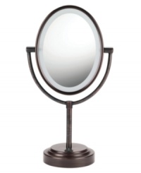Get flawless touch-ups and maintenance of your mug with a double-sided lighted mirror that rotates 360° for closeup or big picture views. The circular lighting prevents fog from clouding your vision. 1-year warranty. Model BE47BR. Get flawless touch-ups and maintenance of your mug with a double-sided lighted mirror that rotates 360° for closeup or big picture views. The circular lighting prevents fog from clouding your vision. 1-year warranty. Model BE47BR.