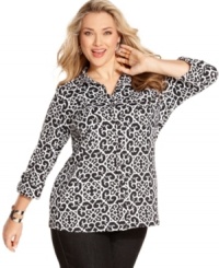 Land polished casual style with Charter Club's three-quarter sleeve plus size shirt, featuring a graphic print. Land polished casual style with Charter Club's three-quarter sleeve plus size shirt, featuring a graphic print.