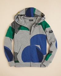 This cool printed hoodie from Volcom zips all the way up and over his face, creating a mask with sunglass-print peep holes and toothy grin. This cool printed hoodie from Volcom zips all the way up and over his face, creating a mask with sunglass-print peep holes and toothy grin.