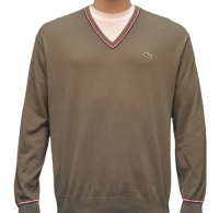 Lacoste Live Men's Wool Tipped V-Neck Jersey Sweater-Olive Green Lacoste Live Men's Wool Tipped V-Neck Jersey Sweater-Olive Green