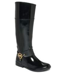 Signature style is always en vogue. MICHAEL Michael Kors' Fulton harness rain boots feature a brilliant metal designer logo disk on the side and a shiny rubber vamp. Signature style is always en vogue. MICHAEL Michael Kors' Fulton harness rain boots feature a brilliant metal designer logo disk on the side and a shiny rubber vamp.
