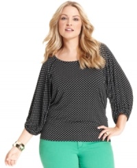 Get spotted this season in MICHAEL Michael Kors' three-quarter-sleeve plus size top, featuring a polka-dot print! Get spotted this season in MICHAEL Michael Kors' three-quarter-sleeve plus size top, featuring a polka-dot print!