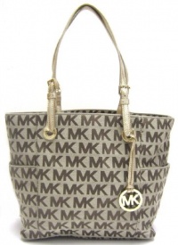 Michael Kors Signature / Monogram Jet Set Tote; Side Pockets - Beige / Ebony / Gold Michael Kors Signature / Monogram Jet Set Tote; Side Pockets - Beige / Ebony / Gold