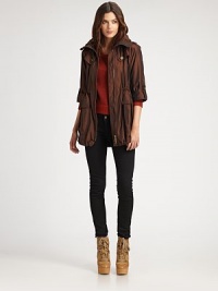 A simply glamorous take on outerwear, this sleek jacket features classic details, complemented by sartorial surprises.EpaulettesButton-tab three-quarter sleevesFront zipperPatch pocketsDrawstring hemRainflapFully linedAbout 28 from shoulder to hemBody: polyesterLining: cottonDry cleanImported Model shown is 5'10 (177cm) wearing US size 4. A simply glamorous take on outerwear, this sleek jacket features classic details, complemented by sartorial surprises.EpaulettesButton-tab three-quarter sleevesFront zipperPatch pocketsDrawstring hemRainflapFully linedAbout 28 from shoulder to hemBody: polyesterLining: cottonDry cleanImported Model shown is 5'10 (177cm) wearing US size 4.