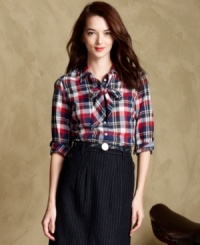 Tommy Hilfiger's chic shirt features a tie at the neckline and allover plaid print for a preppy touch. Tommy Hilfiger's chic shirt features a tie at the neckline and allover plaid print for a preppy touch.