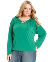 Unlock a stylish look with MICHAEL Michael Kors' long sleeve plus size top, accented by chain-link detail. Unlock a stylish look with MICHAEL Michael Kors' long sleeve plus size top, accented by chain-link detail.